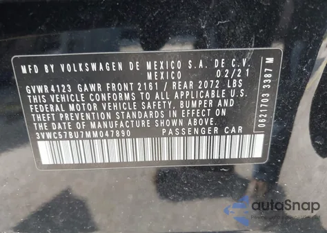 2021 Volkswagen Jetta 1.4T R-Line/1.4T S/1.4T Se from USA, damaged, VIN 3VWC57BU7MM047890